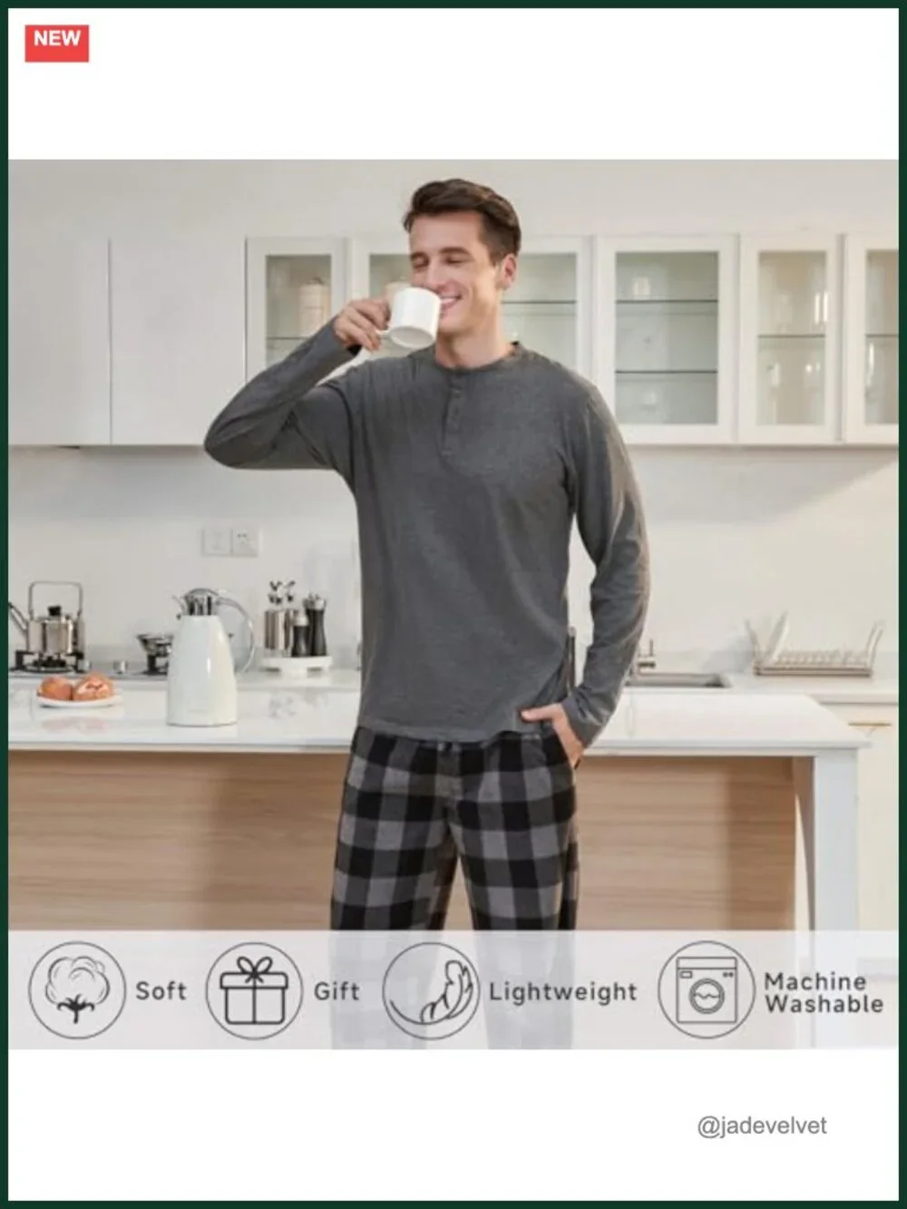 Men's Pajama Set - Flannel Pants & Cotton Top - Relaxed Fit Long Sleeve